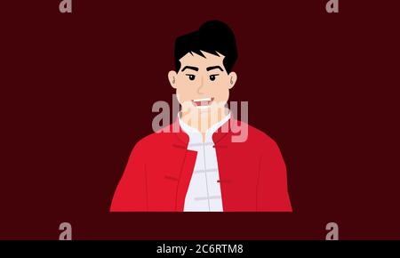 Cartoon Chinese man dress in red traditional clothes. Vector illustration cartoon character. Stock Photo