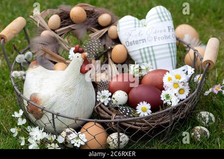 easter decoration with easter nest, eggs and easter chicken Stock Photo