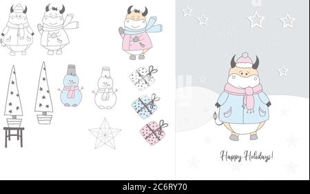 Year of the bull. Funny bulls characters. Cute ox in clothes. Symbol of 2021. Christmas card. Stock Vector