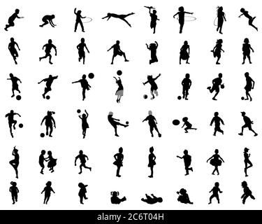 Black silhouettes of children playing, illustration on a white background Stock Photo