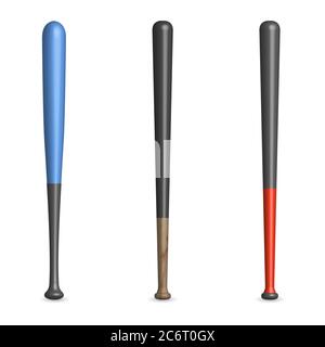 Set of various wooden and plastic baseball bats isolated on a white background. Front view, vector illustration. Stock Vector