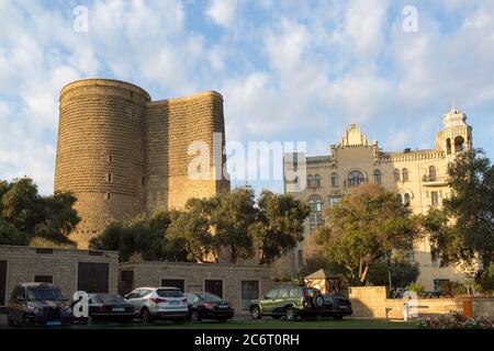 The Maiden Tower is in Baku Azerbaijan is  at the edge of the Walled City of Baku, a UNESCO World Heritage Site. Stock Photo