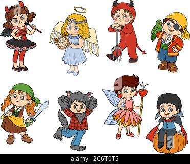 Vector set of Halloween children characters, color cartoon collection, colorful Stickers with children in carnival costumes Stock Vector