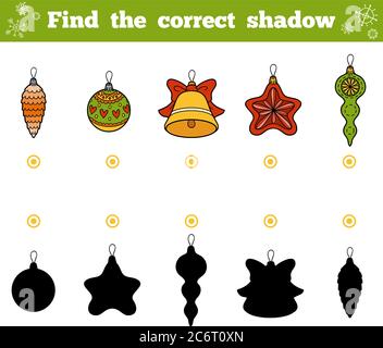 Find the correct shadow, education game for children. Vector set of Christmas tree toys Stock Vector