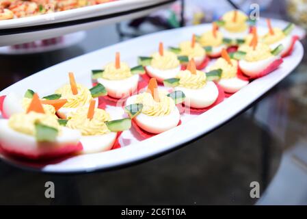 A platter of Egg boats at a kid’s birthday party. Stock Photo