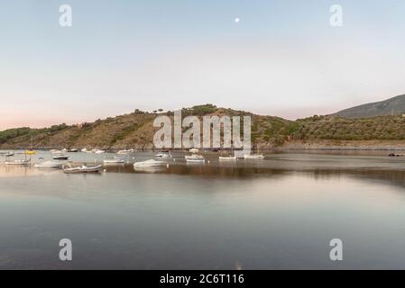 Sunset in Port Lligat in Cala Salvador Dali, painter, sculptor, printmaker. . House Museum. In Port Lligat 8 July 2020. Stock Photo