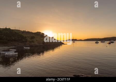 Sunset in Port Lligat in Cala Salvador Dali, painter, sculptor, printmaker. . House Museum. In Port Lligat 8 July 2020. Stock Photo