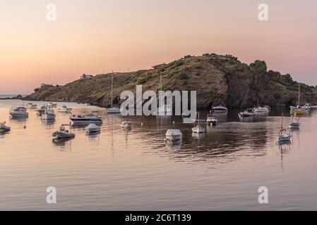 Sunset in Port Lligat in Cala Salvador Dali, painter, sculptor, printmaker. . House Museum. In Port Lligat 8 July 2020. Stock Photo