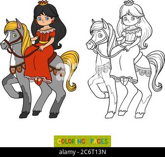 Princess And Horse Coloring Page Isolated for Kids Stock Vector Image ...