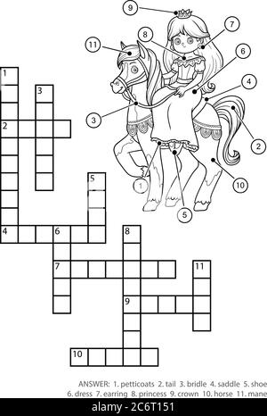 Vector colorless crossword, education game for children. Princess and horse Stock Vector
