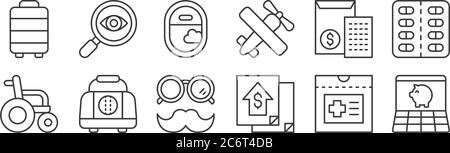 12 set of linear retirement icons. thin outline icons such as online banking, financial presentation, bag, will, travel, optometrist for web, mobile Stock Vector