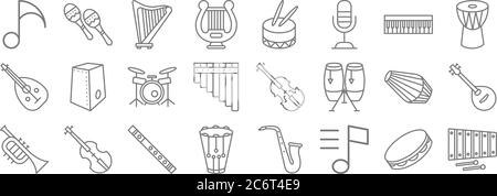 music instruments line icons. linear set. quality vector line set such as xylophone, music notes, snare drum, french horn, dholak, drums, djembe, drum Stock Vector