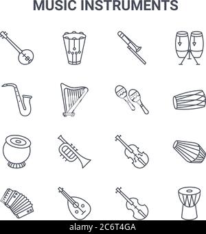 set of 16 music instruments concept vector line icons. 64x64 thin stroke icons such as snare drum, saxophone, dholak, violin, musical instrument, djem Stock Vector