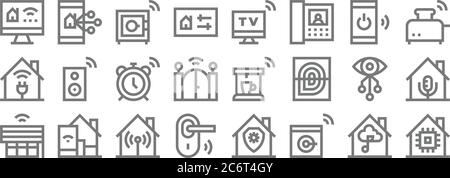 smarthome line icons. linear set. quality vector line set such as cpu, washing machine, door lock, smart curtain, vision, alarm, toaster, tv, control Stock Vector