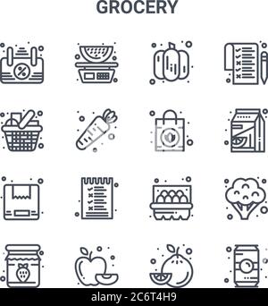set of 16 grocery concept vector line icons. 64x64 thin stroke icons such as watermelon, grocery, orange juice, eggs, apple, drink, lemon, handbag, li Stock Vector