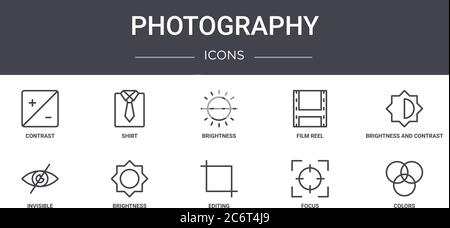 photography concept line icons set. contains icons usable for web, logo, ui/ux such as shirt, film reel, invisible, editing, focus, colors, brightness Stock Vector