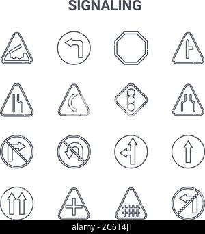 set of 16 signaling concept vector line icons. 64x64 thin stroke icons such as turn left, narrow road, narrow, direction, crossroads, no turn left, fe Stock Vector