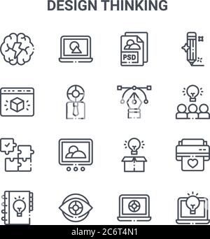 set of 16 design thinking concept vector line icons. 64x64 thin stroke icons such as laptop, web, teamwork, light bulb, eye, laptop, laptop, pen, penc Stock Vector