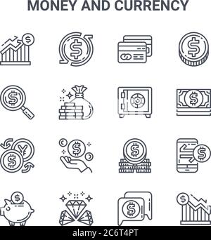 set of 16 money and currency concept vector line icons. 64x64 thin stroke icons such as turnover, search, dollar bills, coin stack, diamonds, graph, m Stock Vector