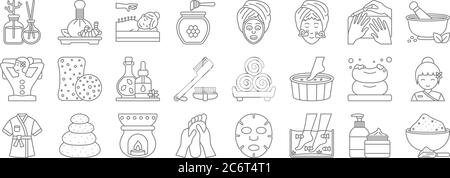 spa line icons. linear set. quality vector line set such as salt, pedicure, foot massage, bathrobe, soap, essential oil, mortar, , herbal massage Stock Vector