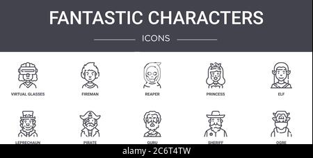 fantastic characters concept line icons set. contains icons usable for web, logo, ui/ux such as fireman, princess, leprechaun, guru, sheriff, ogre, el Stock Vector