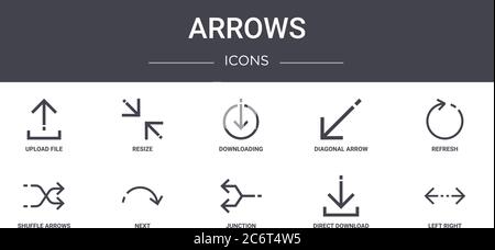 arrows concept line icons set. contains icons usable for web, logo, ui/ux such as resize, diagonal arrow, shuffle arrows, junction, direct download, l Stock Vector