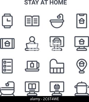 set of 16 stay at home concept vector line icons. 64x64 thin stroke icons such as book, tablet, computer, keyboard, ebook, cooking, online shopping, w Stock Vector