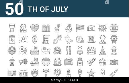 set of 50 th of july icons. outline thin line icons such as champagne, shorts, coffee, tambourine, th of july, patriot, baseball, moon, hotdog, televi Stock Vector