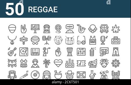 set of 50 reggae icons. outline thin line icons such as drum set, stage, garlands, acoustic guitar, necklace, rock, djembe, cocaine, synthesizer, soun Stock Vector