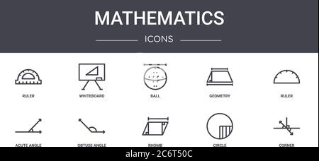 mathematics concept line icons set. contains icons usable for web, logo, ui/ux such as whiteboard, geometry, acute angle, rhomb, circle, corner, ruler Stock Vector