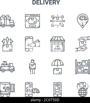 set of 16 delivery concept vector line icons. 64x64 thin stroke icons such as website, upload, delivery, insurance, smartphone, global, tracking app, Stock Vector