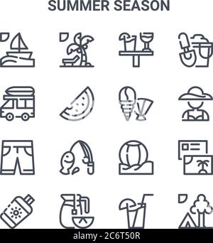 set of 16 summer season concept vector line icons. 64x64 thin stroke icons such as island, car, woman, ball, lemon tea, camp, juice, shell, spade Stock Vector