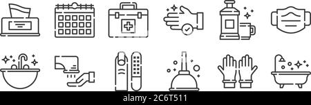 12 set of linear hygiene routine icons. thin outline icons such as bathtub, plunger, hand dryer, mouthwash, first aid kit, calendar for web, mobile Stock Vector