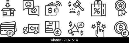 12 set of linear ecommerce icons. thin outline icons such as refund, promotion, delivery truck, shopping bag, e wallet, customer feedback for web, mob Stock Vector