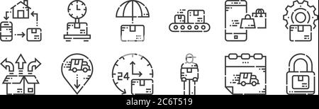 12 set of linear delivery icons. thin outline icons such as package, delivery man, delivery truck, shopping bag, insurance, weighing scale for web, mo Stock Vector