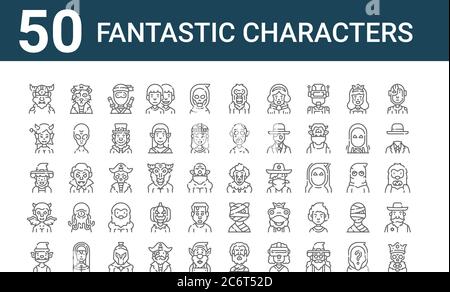 set of 50 fantastic characters icons. outline thin line icons such as skeleton, goblin, devil, wizard, succubus, pirate, clown Stock Vector