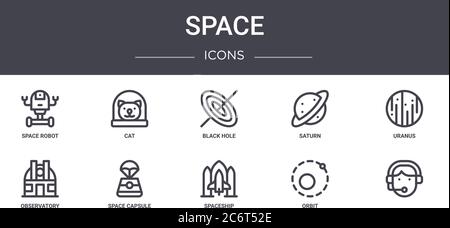 space concept line icons set. contains icons usable for web, logo, ui/ux such as cat, saturn, observatory, spaceship, orbit, , uranus, black hole Stock Vector