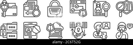 12 set of linear confidential information icons. thin outline icons such as confidential, protection, privacy, personal information, record, informati Stock Vector