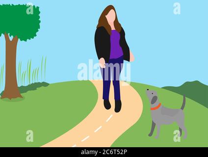 A woman is walking on the road and a dog barking on her. Stock Photo