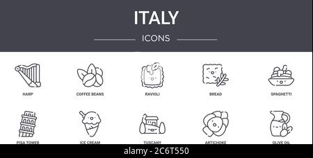 italy concept line icons set. contains icons usable for web, logo, ui/ux such as coffee beans, bread, pisa tower, tuscany, artichoke, olive oil, spagh Stock Vector