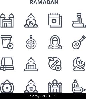 set of 16 ramadan concept vector line icons. 64x64 thin stroke icons such as isha, fasting, lute, no smoking, dzuhur, dates, mosque, muslim, salah Stock Vector
