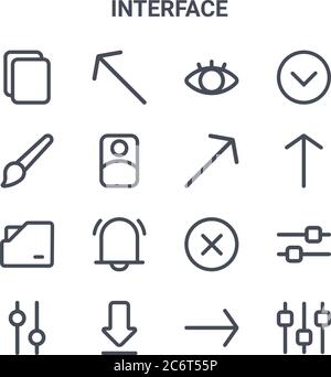 set of 16 interface concept vector line icons. 64x64 thin stroke icons such as up left, brush, up arrow, close, download, equalizer, right, up right, Stock Vector