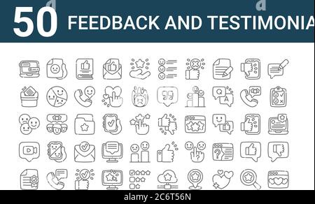 set of 50 feedback and testimonials icons. outline thin line icons such as heart, top rated, video chat, review, vote, bad review, feedback, review, f Stock Vector
