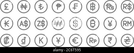 currency line icons. linear set. quality vector line set such as hryvnia, indonesian rupiah, japanese yen, colon, chinese yuan, dollar, brazilian real Stock Vector