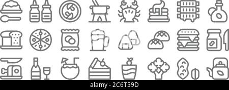 gastronomy line icons. linear set. quality vector line set such as teapot, broccoli, cake piece, ham leg, burger, potato chips, olive oil, crab, sauce Stock Vector