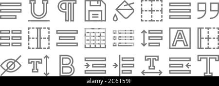 text editor line icons. linear set. quality vector line set such as text, text, right indent, hidden, font, align center, quote, paint bucket, underli Stock Vector