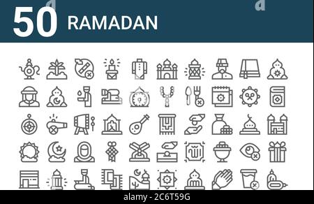 set of 50 ramadan icons. outline thin line icons such as dates, kaaba, sun, qibla, muslim, palm tree, carpet Stock Vector