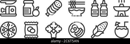 12 set of linear gastronomy icons. thin outline icons such as coconut, breakfast, potato chips, sauce, ham, jam for web, mobile Stock Vector