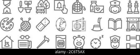 retirement home line icons. linear set. quality vector line set such as gym, clock, denture, retirement home, open book, domino piece, chess pieces, b Stock Vector