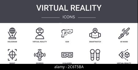 virtual reality concept line icons set. contains icons usable for web, logo, ui/ux such as virtual reality glasses, smartwatch, shoot, d glasses, vr, Stock Vector